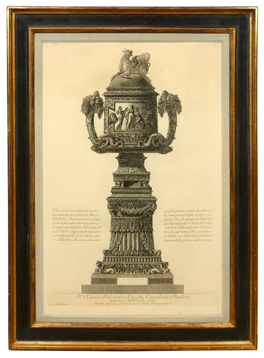 Group of four etchings of large vases by Piranesi, published in Rome in 1791.
