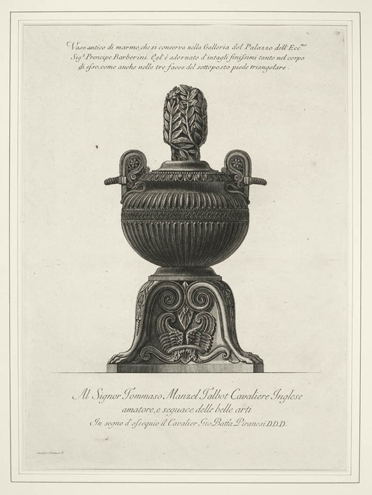  The plates were issued as individual from 1768, first appearing in bound form in 1778 as 'Vasi Candelabri Cippi Sarcofagi', compiled by the son.
