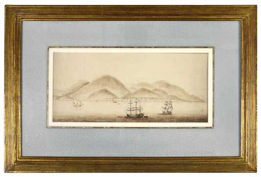 Sepia ink and pencil early view of Hong Kong, showing sailing boats in the foreground, probably executed by an English military or naval officer. 