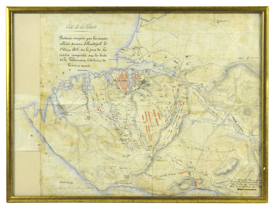 Manuscript plan on linen of the Siege of Sebastopol: a fine and unusual map drawn by Sergeant Neubourg. 