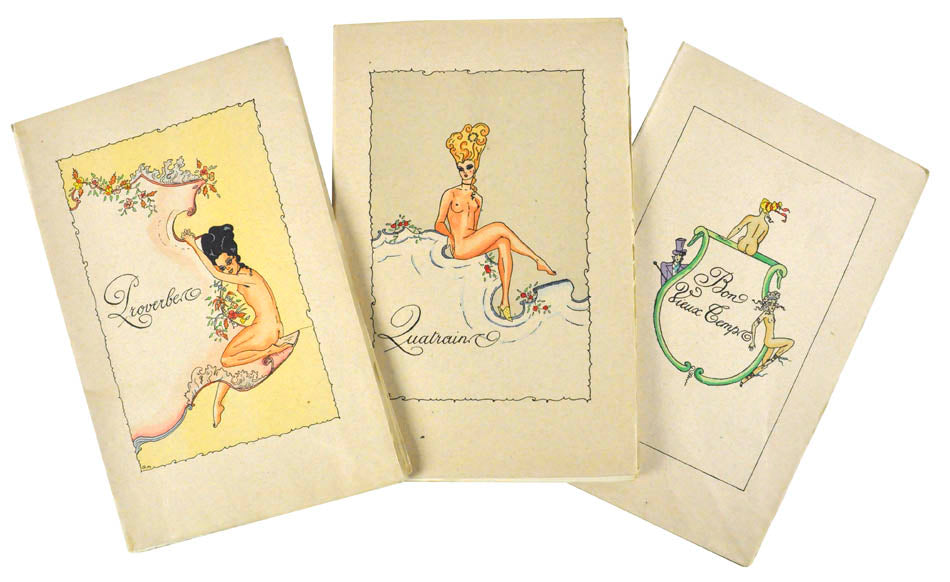 Witty erotic illustrations depicting 18th century French aristocracy each accompanied by proverbs and verses. 