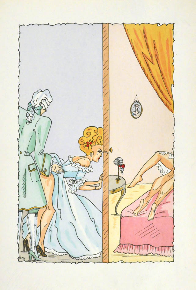 Witty erotic illustrations depicting 18th century French aristocracy each accompanied by proverbs and verses. 