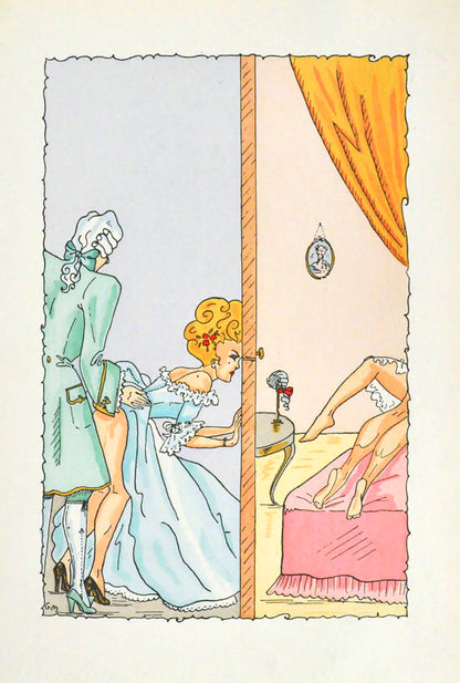 Witty erotic illustrations depicting 18th century French aristocracy each accompanied by proverbs and verses. 