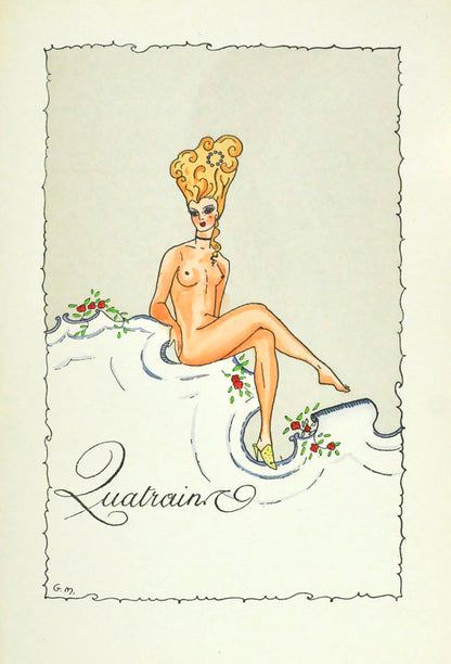 Witty erotic illustrations depicting 18th century French aristocracy each accompanied by proverbs and verses. 