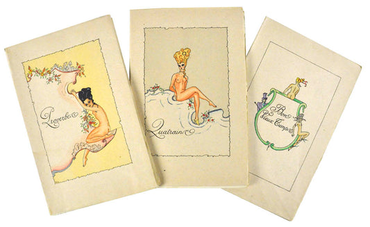 Witty erotic illustrations depicting 18th century French aristocracy each accompanied by proverbs and verses. 