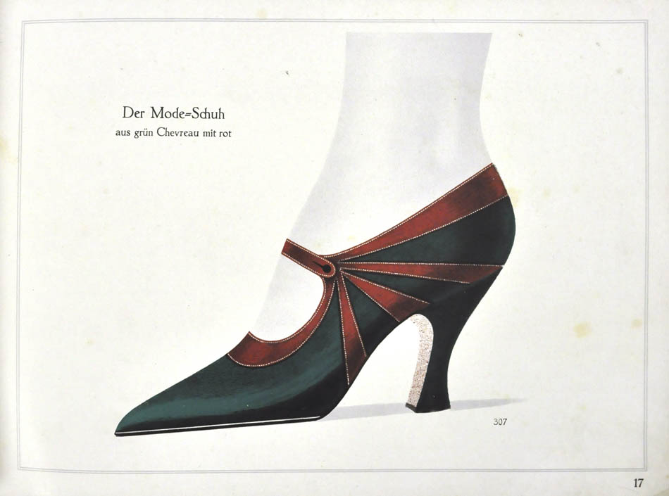 This unusual album of shoe designs contains designs for both men and women; 25 chromolithographed plates. A very attractive collection.