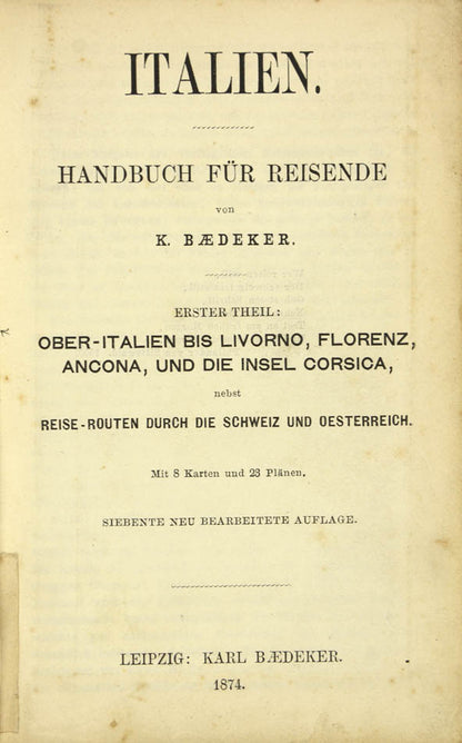 Seventh edition of Baedeker's Ober-Italien published in 1874.