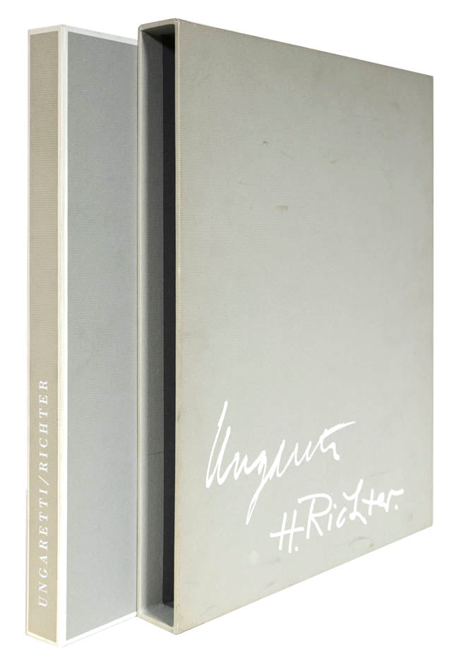 Limited edition 6/124 reproduction of the original manuscript of the poem by Giuseppe Ungaretti, 48 page folio, with 2 original colour lithogrpahs by Hans Richter, that are numbered and signed.