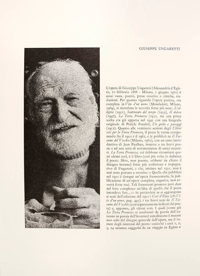 Limited edition 6/124 reproduction of the original manuscript of the poem by Giuseppe Ungaretti, 48 page folio, with 2 original colour lithogrpahs by Hans Richter, that are numbered and signed.