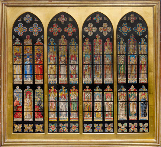 set of window designs in the Gothic style from the early XX century,depicting saints and persons of rank, showing the influence of the Arts&Crafts movement