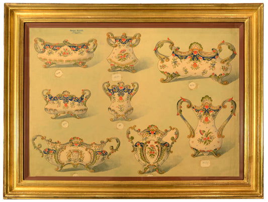 A lovely pair of uncommon original watercolours of designs by Georges Martel for porcelain services by the Desvres factory.