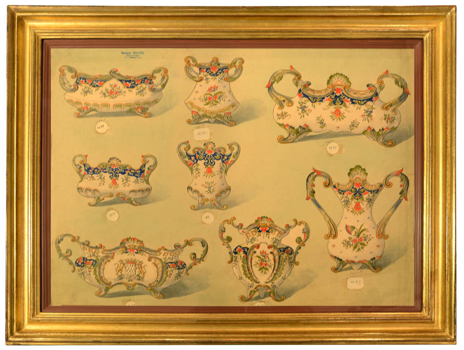 A lovely pair of uncommon original watercolours of designs by Georges Martel for porcelain services by the Desvres factory.