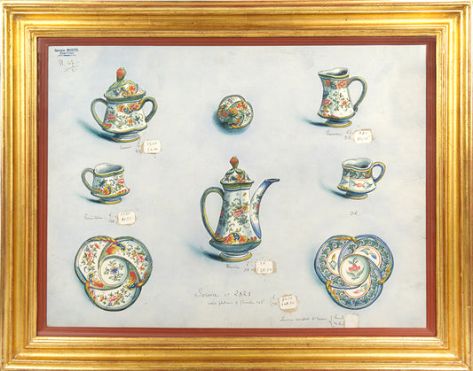 A lovely pair of uncommon original watercolours of designs by Georges Martel for porcelain services by the Desvres factory.