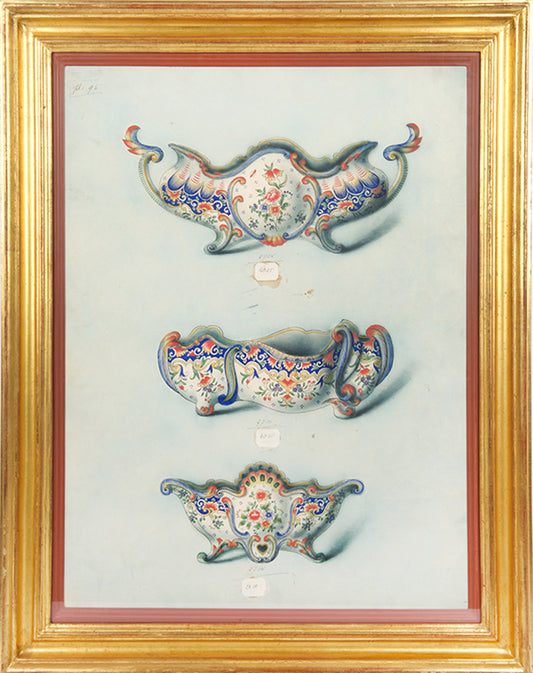 A lovely pair of uncommon original watercolours of designs by Georges Martel for porcelain services by the Desvres factory.