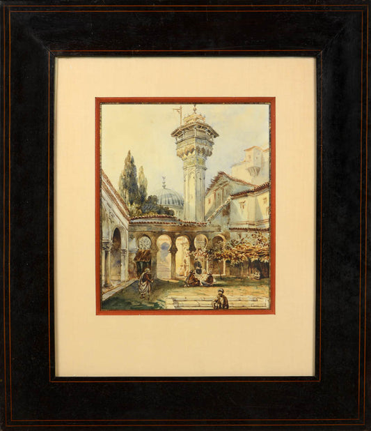 The scene depicts a colonnaded inner courtyard of a complex of old buildings, the main focus on a relatively short, octagonal tower or minaret