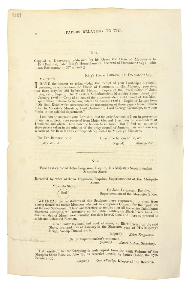 A parliamentary report concering the aboltion of slavery on the Mosquito Shore, a British protectorate, published in the run up to the Slave Trade Act 1824