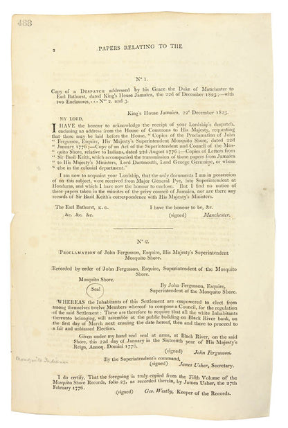 A parliamentary report concering the aboltion of slavery on the Mosquito Shore, a British protectorate, published in the run up to the Slave Trade Act 1824