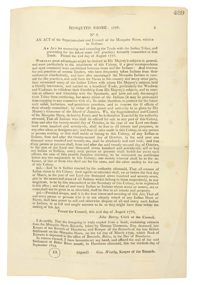 A parliamentary report concering the aboltion of slavery on the Mosquito Shore, a British protectorate, published in the run up to the Slave Trade Act 1824