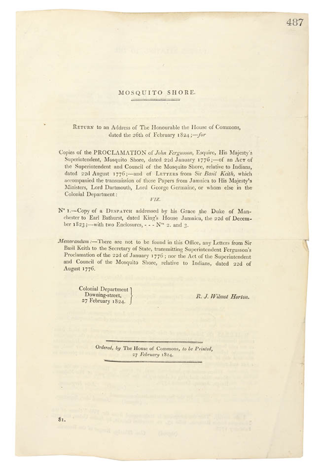 A parliamentary report concering the aboltion of slavery on the Mosquito Shore, a British protectorate, published in the run up to the Slave Trade Act 1824
