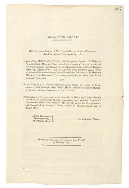 A parliamentary report concering the aboltion of slavery on the Mosquito Shore, a British protectorate, published in the run up to the Slave Trade Act 1824