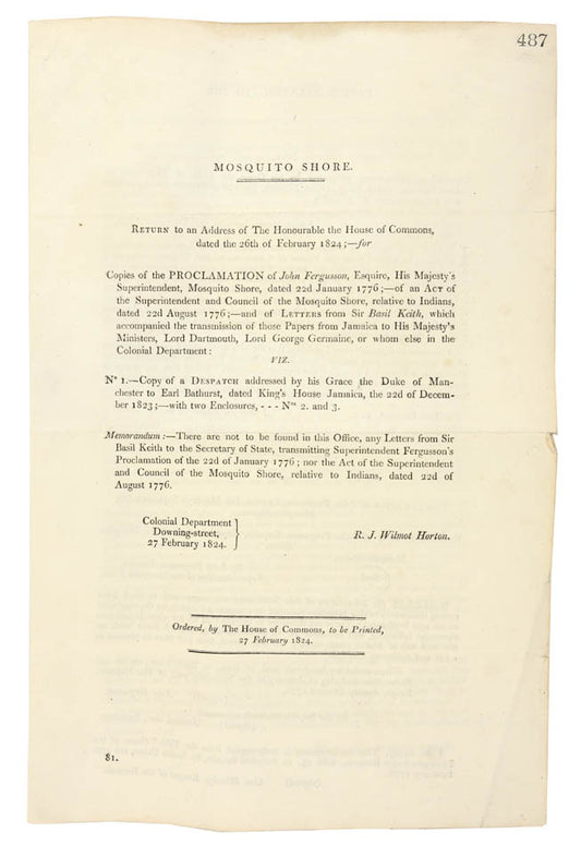 A parliamentary report concering the aboltion of slavery on the Mosquito Shore, a British protectorate, published in the run up to the Slave Trade Act 1824
