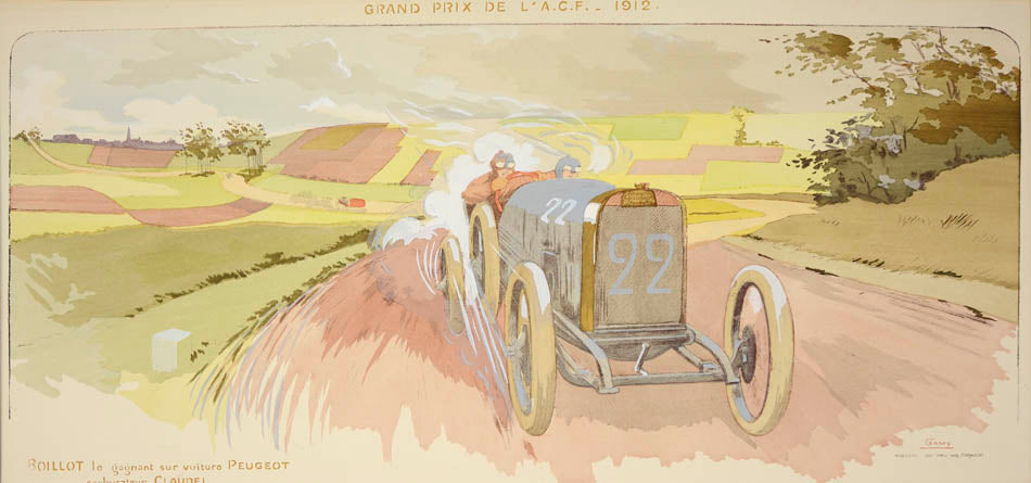 Hand-coloured pochoir print documenting the early history of transportation, by Ernest Montaut and his wife Marguerite who used the name Gamy.