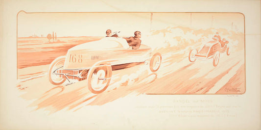 Hand-coloured pochoir print documenting the early history of transportation, by Ernest Montaut and his wife Marguerite who used the name Gamy.