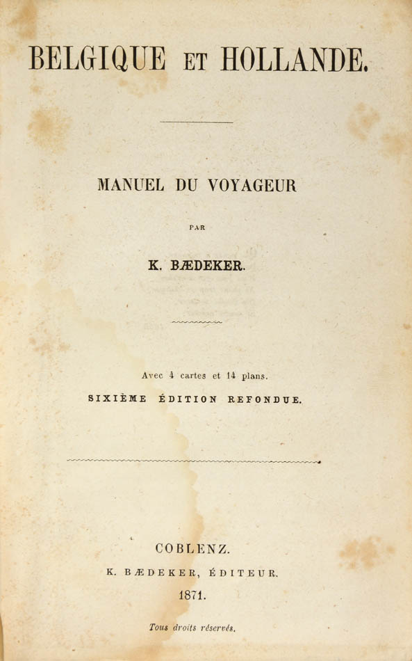 Scarce early second edition of Baedeker's Belgique et Hollande.