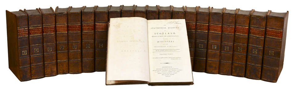 First edition, in 21 volumes, a pioneering work on statistics, highly innovative, bound in contemporary sprinkled calf, a very good set, Edinburgh, 1791-99