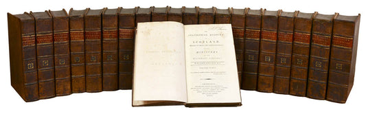 First edition, in 21 volumes, a pioneering work on statistics, highly innovative, bound in contemporary sprinkled calf, a very good set, Edinburgh, 1791-99