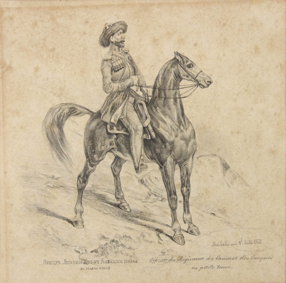 Fine, detailed pencil drawings of a mounted officer from the Caucasus Line Cossack Host. 