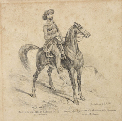 Fine, detailed pencil drawings of a mounted officer from the Caucasus Line Cossack Host. 