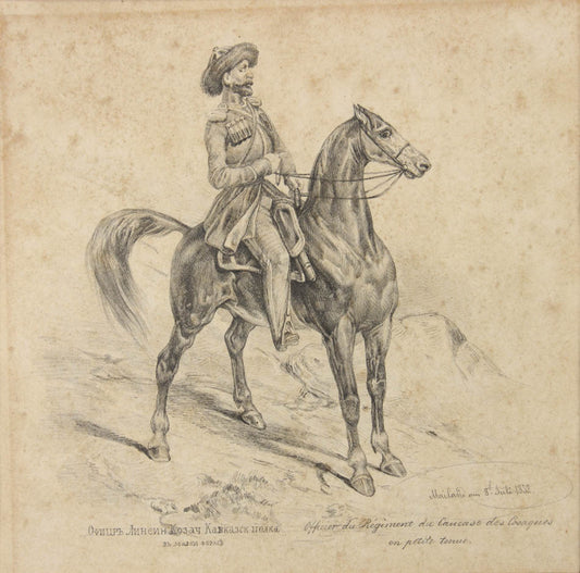 Fine, detailed pencil drawings of a mounted officer from the Caucasus Line Cossack Host. 