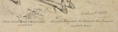 Fine, detailed pencil drawings of a mounted officer from the Caucasus Line Cossack Host. 
