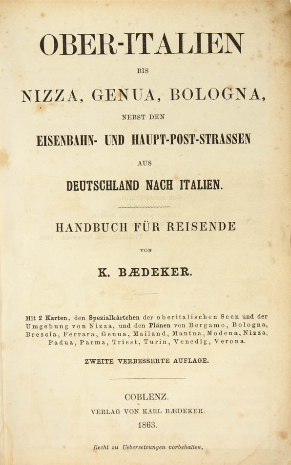 A rare early edition of this series first published in 1861. Maps include Bologna, Venice, Verona and Trieste.