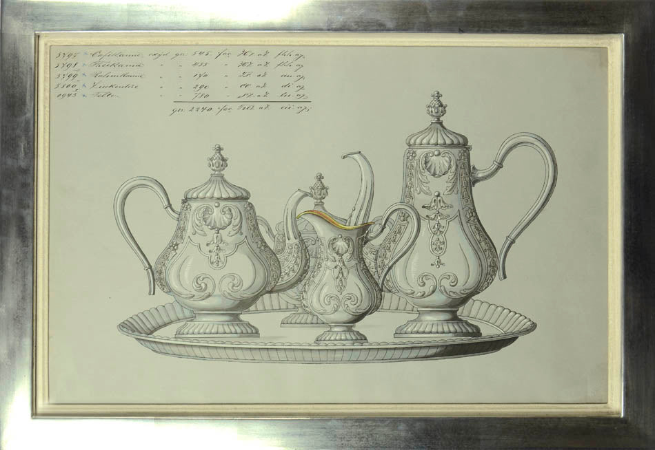 Nine watercolours of designs for silverware items, most probably made by the prestigious WMF factory