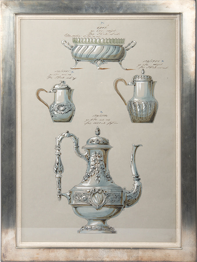 Nine watercolours of designs for silverware items, most probably made by the prestigious WMF factory