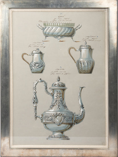 Nine watercolours of designs for silverware items, most probably made by the prestigious WMF factory