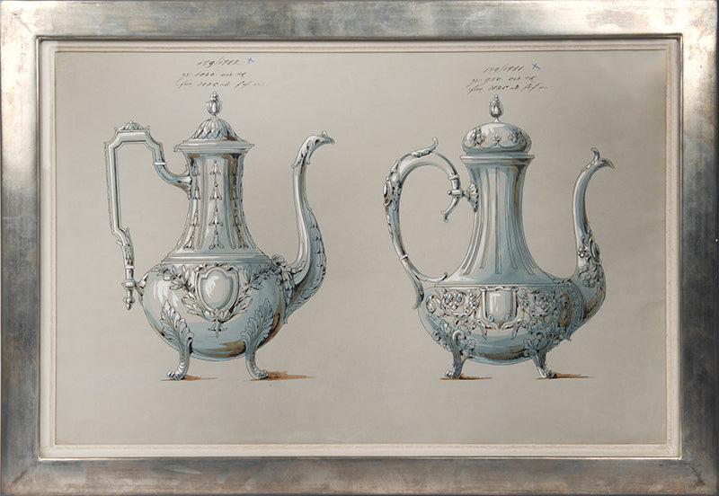 Nine watercolours of designs for silverware items, most probably made by the prestigious WMF factory