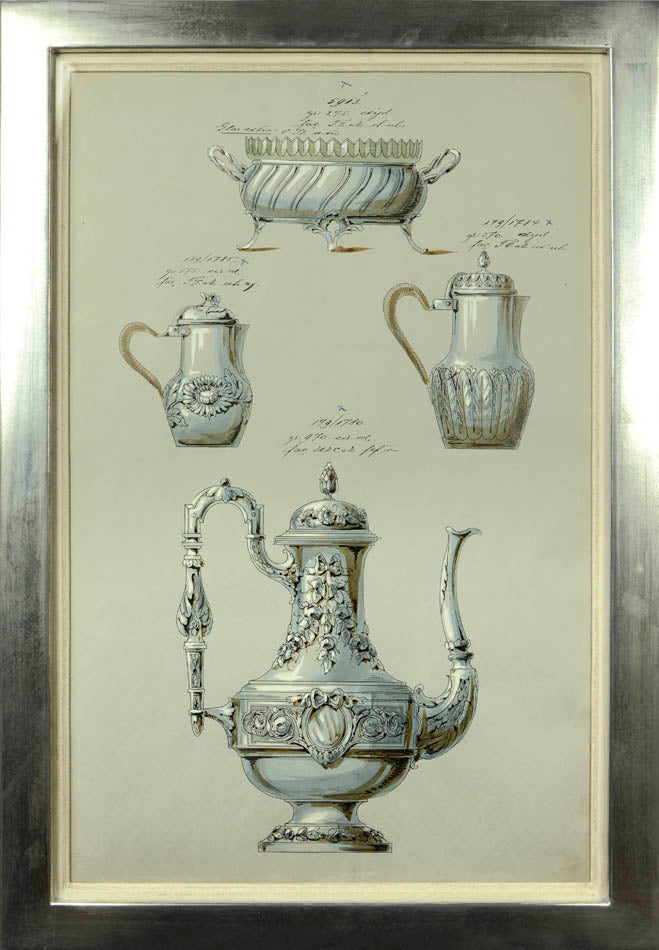 Nine watercolours of designs for silverware items, most probably made by the prestigious WMF factory