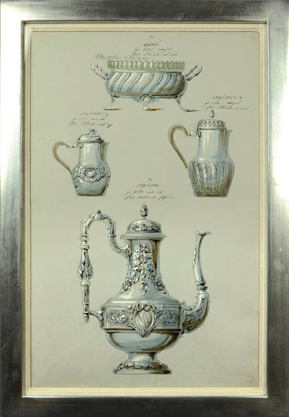 Nine watercolours of designs for silverware items, most probably made by the prestigious WMF factory