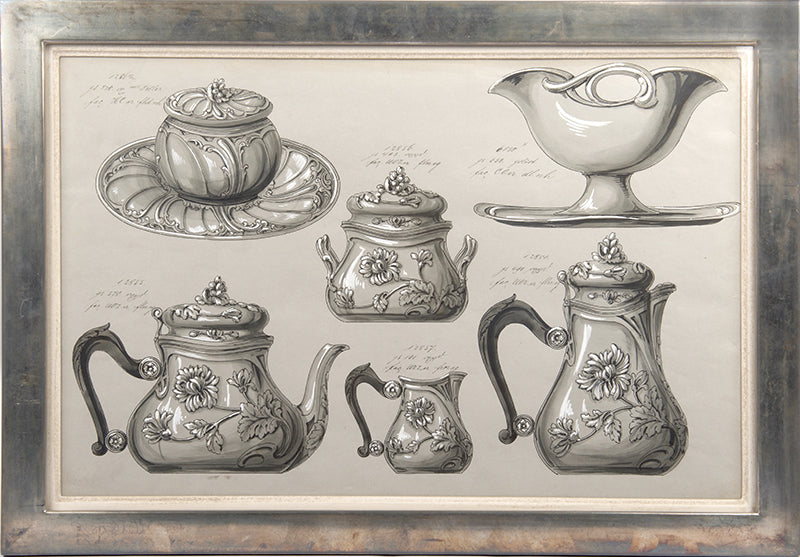 Nine watercolours of designs for silverware items, most probably made by the prestigious WMF factory