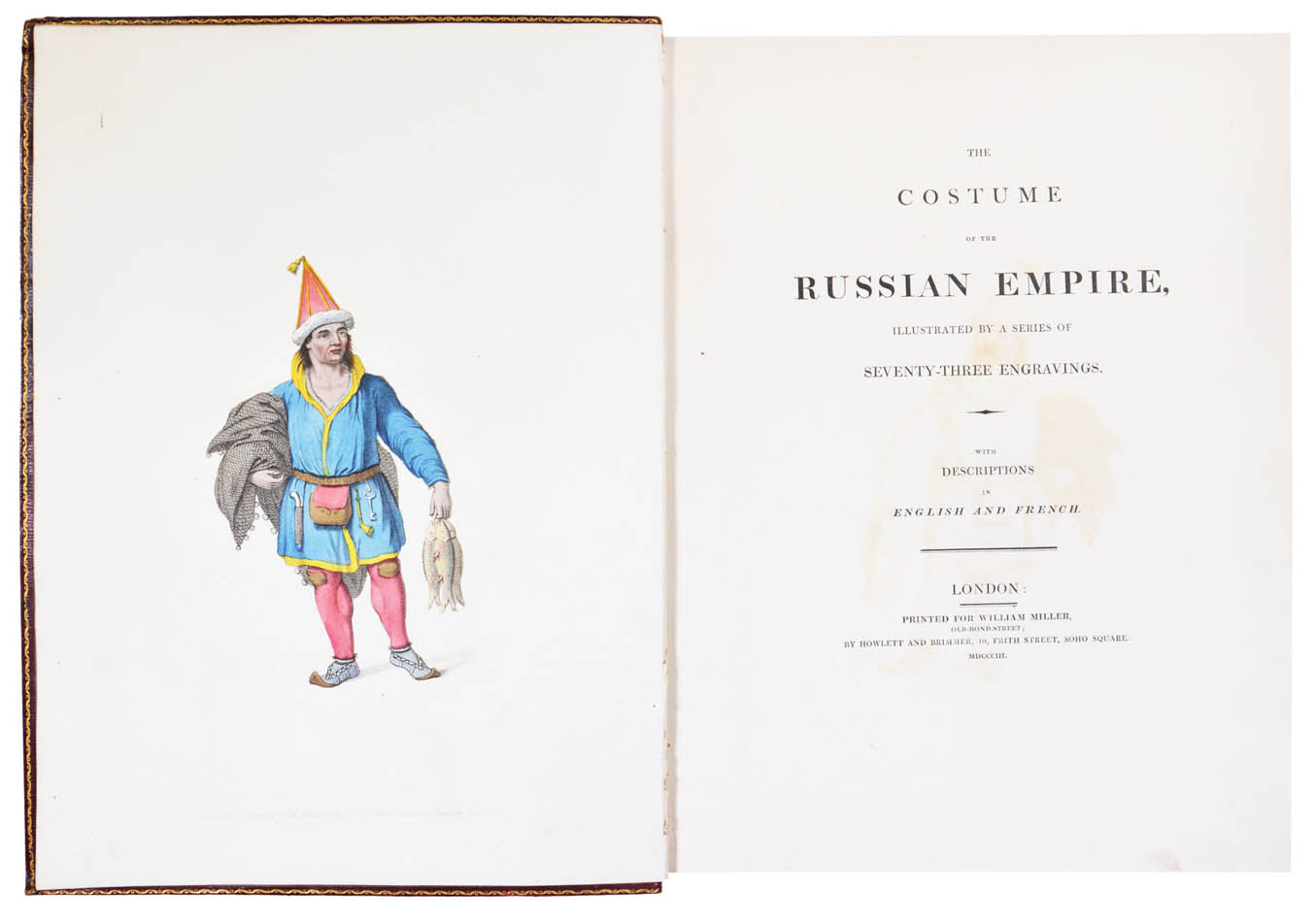 Attractive copy depicting traditional Russian dress in bright hand-colour. This title was the fourth in a series of costume books issued by Miller. 