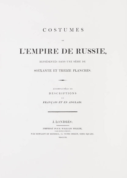 Attractive copy depicting traditional Russian dress in bright hand-colour. This title was the fourth in a series of costume books issued by Miller. 