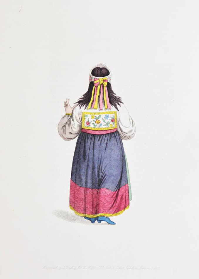 Attractive copy depicting traditional Russian dress in bright hand-colour. This title was the fourth in a series of costume books issued by Miller. 