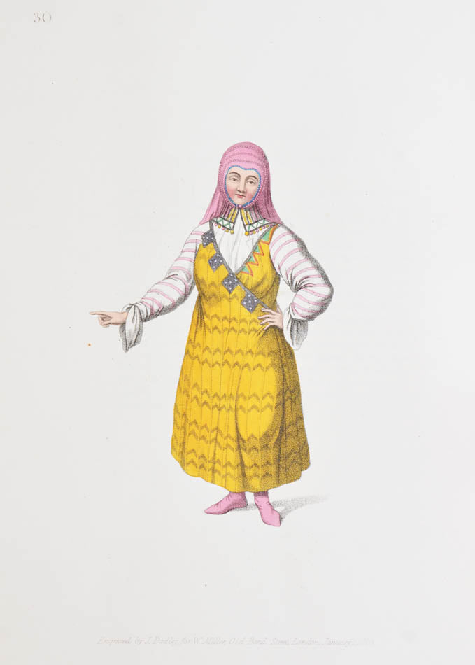 Attractive copy depicting traditional Russian dress in bright hand-colour. This title was the fourth in a series of costume books issued by Miller. 
