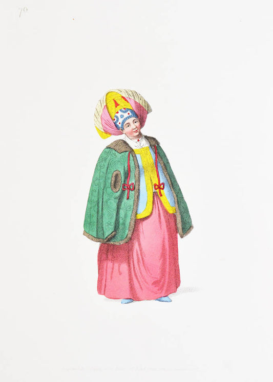 Attractive copy depicting traditional Russian dress in bright hand-colour. This title was the fourth in a series of costume books issued by Miller. 