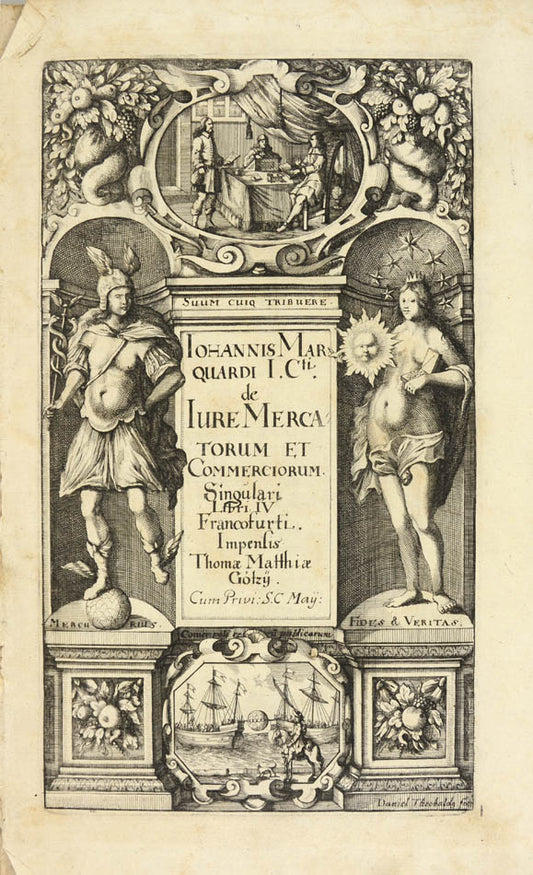 Very rare first edition of this legal treatise on trade and commerce. 2 volumes in one, folio, engraved allegorical frontispiece, Frankfurt, 1662.