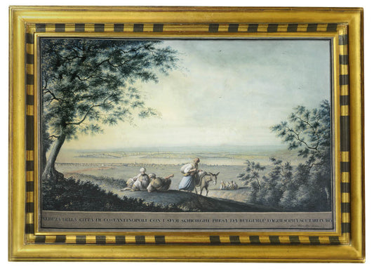 A fine watercolour view of Constantinople taken from Bulgarlu above Scutari, in the foreground two men smoking, another walking past with a donkey.