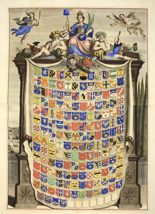 Rare engraving of the city of Amsterdam depicting the coat-of-arms of the city's burgomasters during the years spanning the Dutch Golden Age. 